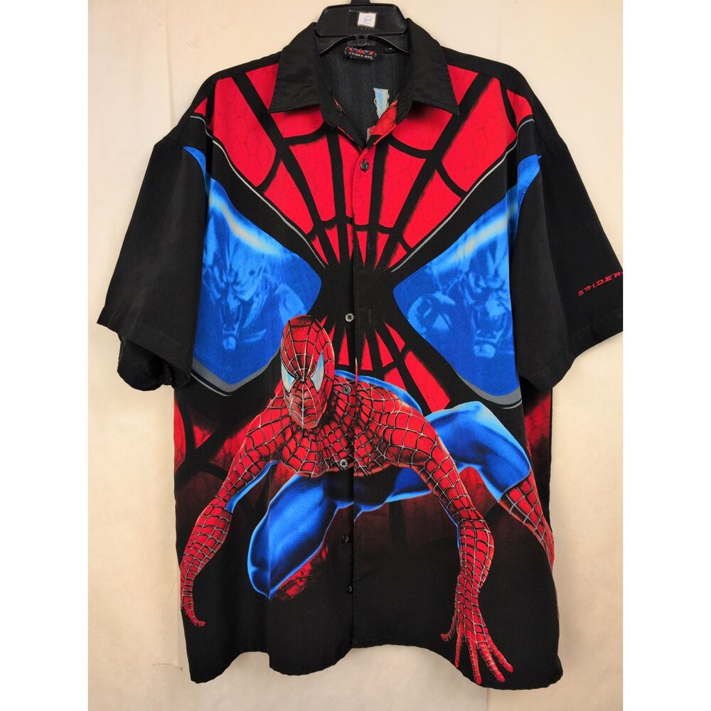 Vintage 2002 Spiderman black button up shirt Size Large Fangear Y2K Comics